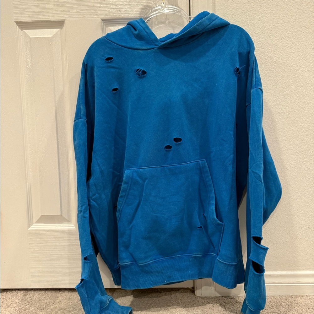 Fashion Nova Blue Distressed Pullover Hoodie